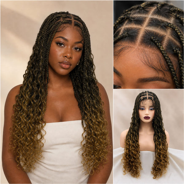 24" Full Lace Boho Box Braids Wig - Glueless HD Lace Natural Hairline | Zivahair Heat-Resistant Synthetic Fiber - Ombre Brown