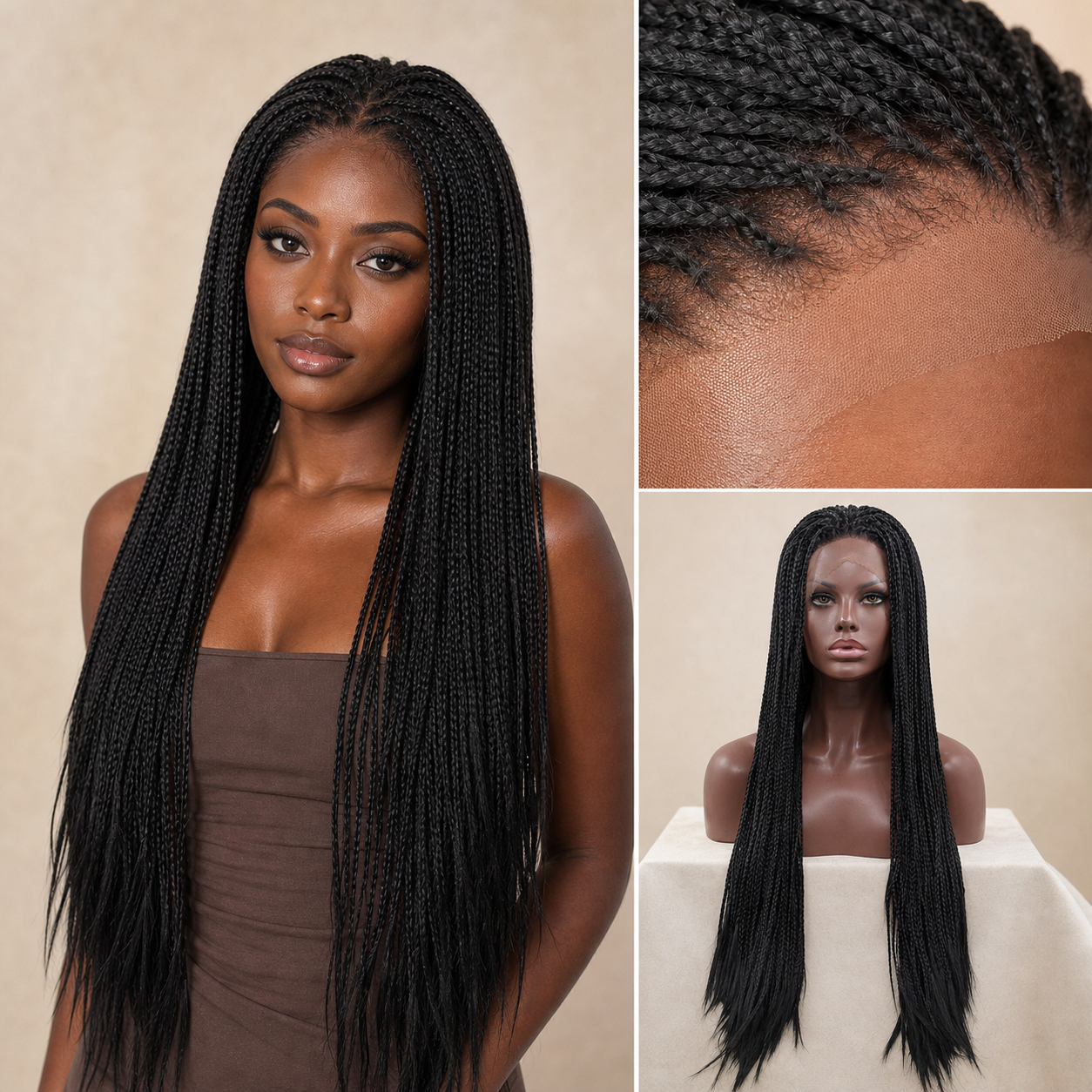 zivahair Heat-Friendly Synthetic Long Box Braids 13x4 Frontal Lace Wig Glueless Natural Hairline Ready to Wear - Natural Black