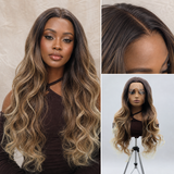 zivahair Heat-Friendly Synthetic 24 Inch Ombre Brown Blonde Body Wave 13x4 Frontal Lace Wig Glueless Middle Part Ready to Wear - Brown Blonde