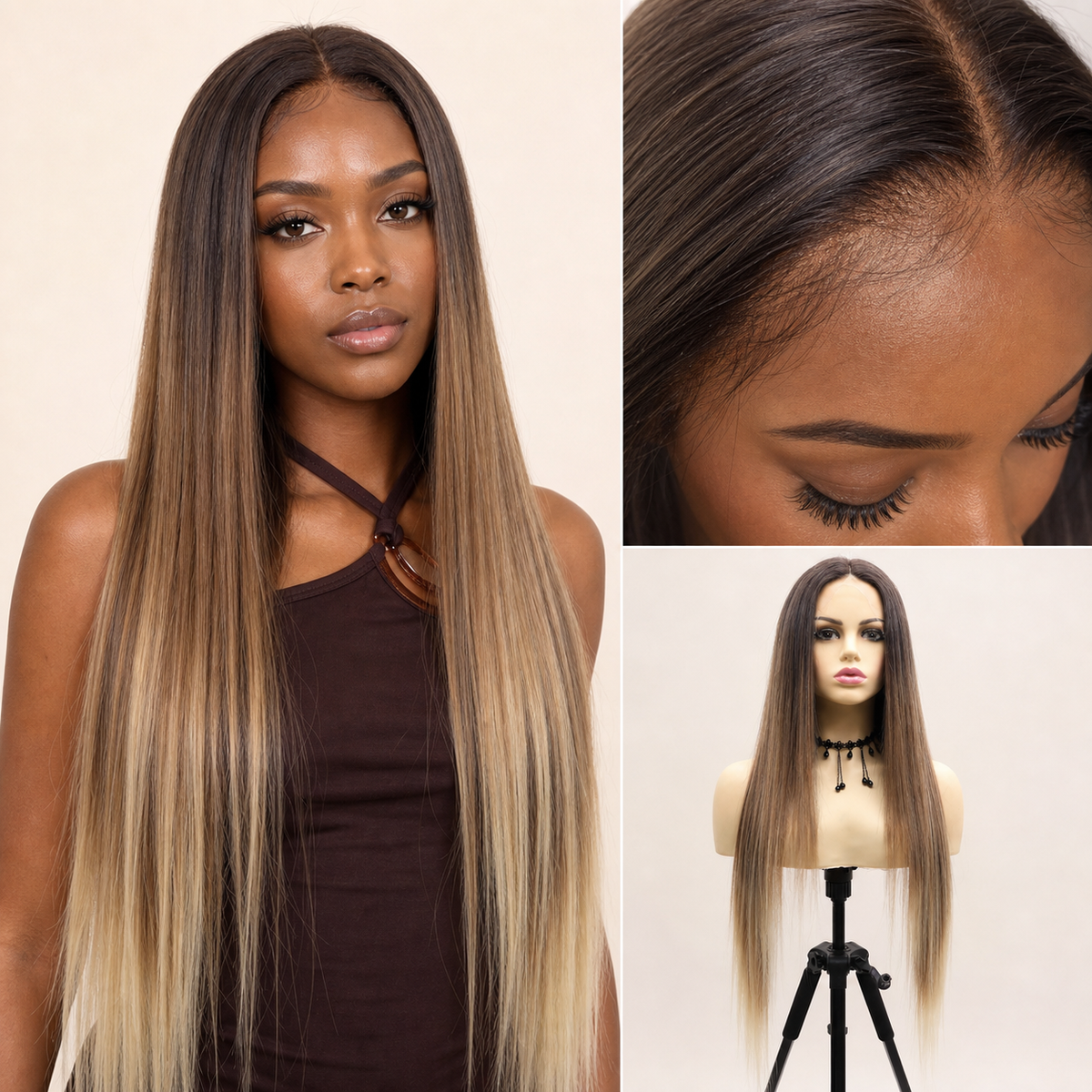zivahair Heat-Friendly Synthetic 24 Inch Ombre Brown Blonde Straight 13x4 Frontal Lace Wig Glueless Middle Part Ready to Wear - Brown Blonde