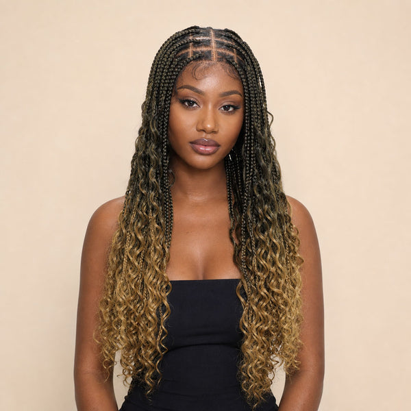 24" Full Lace Boho Box Braids Wig - Glueless HD Lace Natural Hairline | Zivahair Heat-Resistant Synthetic Fiber - Ombre Brown