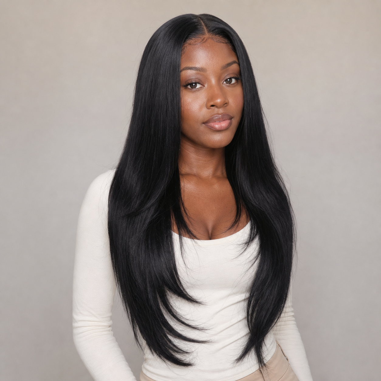 zivahair Heat-Friendly Synthetic 24 Inch Straight 13x4 Frontal Lace Wig Glueless Middle Part Ready to Wear - Natural Black