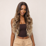 zivahair Heat-Friendly Synthetic 24 Inch Ombre Brown Blonde Body Wave 13x4 Frontal Lace Wig Glueless Middle Part Ready to Wear - Brown Blonde