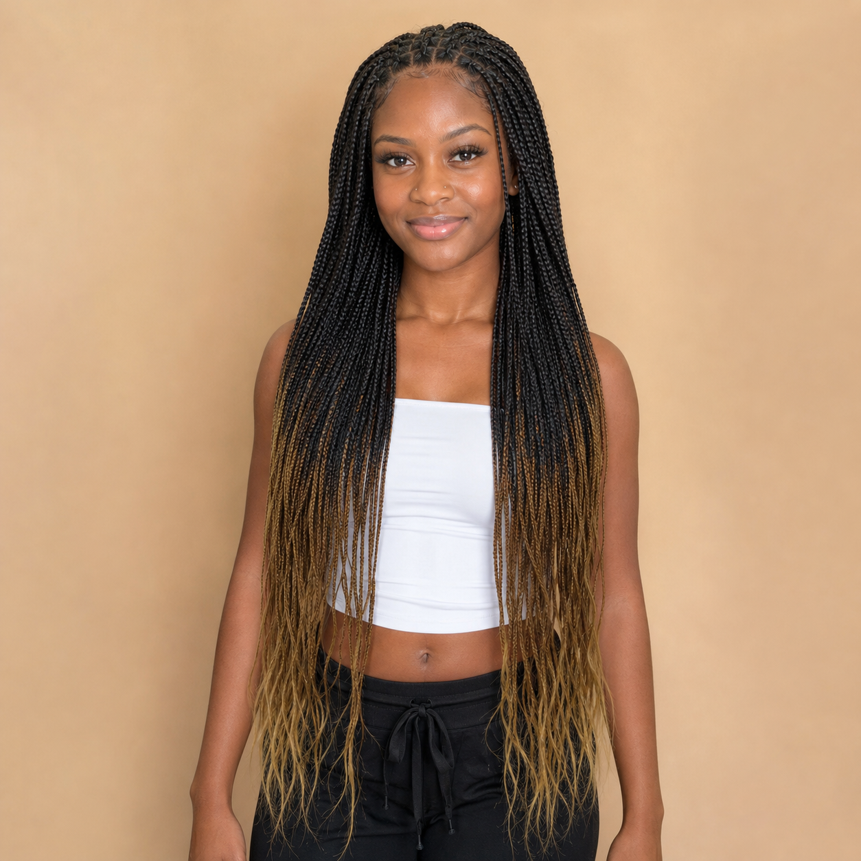 zivahair Heat-Friendly Synthetic 24 Inch Ombre Brown Box Braids 13x4 Frontal Lace Wig Glueless Natural Hairline Ready to Wear - Black Brown