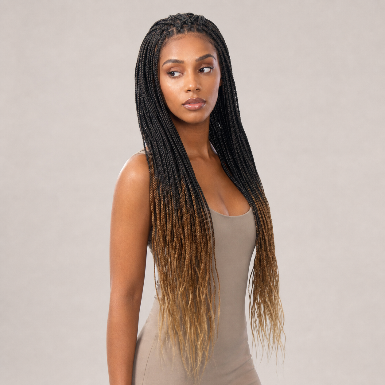 zivahair Heat-Friendly Synthetic 24 Inch Ombre Brown Box Braids 13x4 Frontal Lace Wig Glueless Natural Hairline Ready to Wear - Black Brown