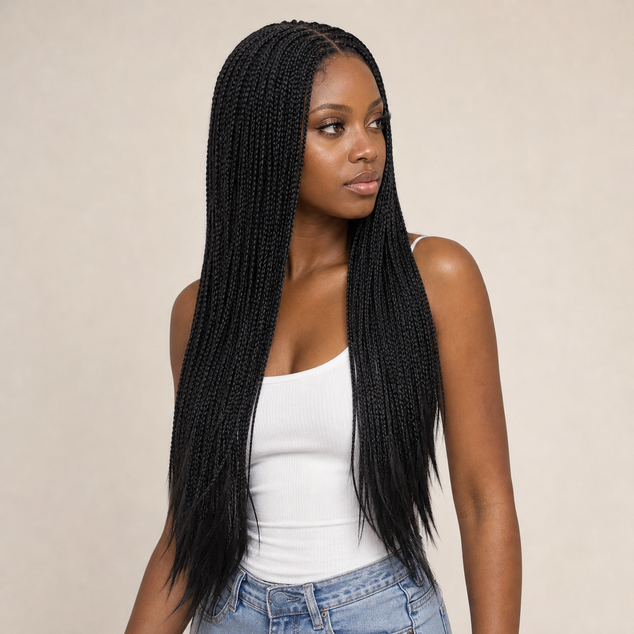 zivahair Heat-Friendly Synthetic Long Box Braids 13x4 Frontal Lace Wig Glueless Natural Hairline Ready to Wear - Natural Black