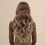 zivahair Heat-Friendly Synthetic 24 Inch Ombre Brown Blonde Body Wave 13x4 Frontal Lace Wig Glueless Middle Part Ready to Wear - Brown Blonde