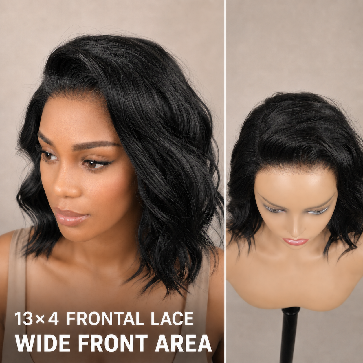 zivahair Heat-Friendly Synthetic 14 Inch Natural Wave Bob 13x4 Frontal Lace Wig Glueless Sculpted Front Lift Ready to Wear - Natural Black