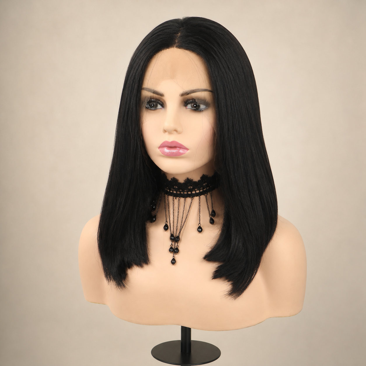 zivahair Heat-Friendly Synthetic 14 Inch Straight Bob 13x4 Frontal Lace Wig Glueless Middle Part Ready to Wear - Natural Black