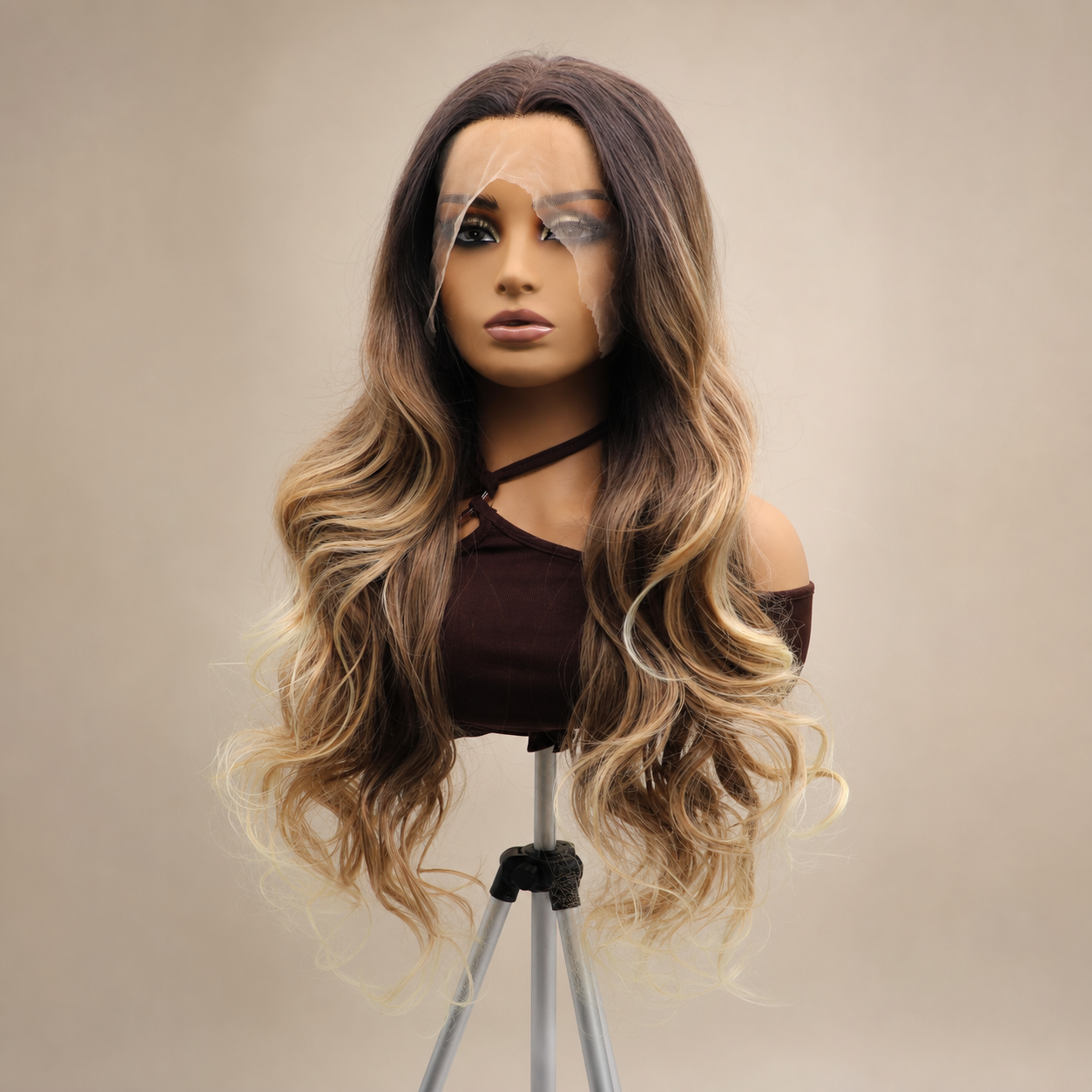 zivahair Heat-Friendly Synthetic 24 Inch Ombre Brown Blonde Body Wave 13x4 Frontal Lace Wig Glueless Middle Part Ready to Wear - Brown Blonde