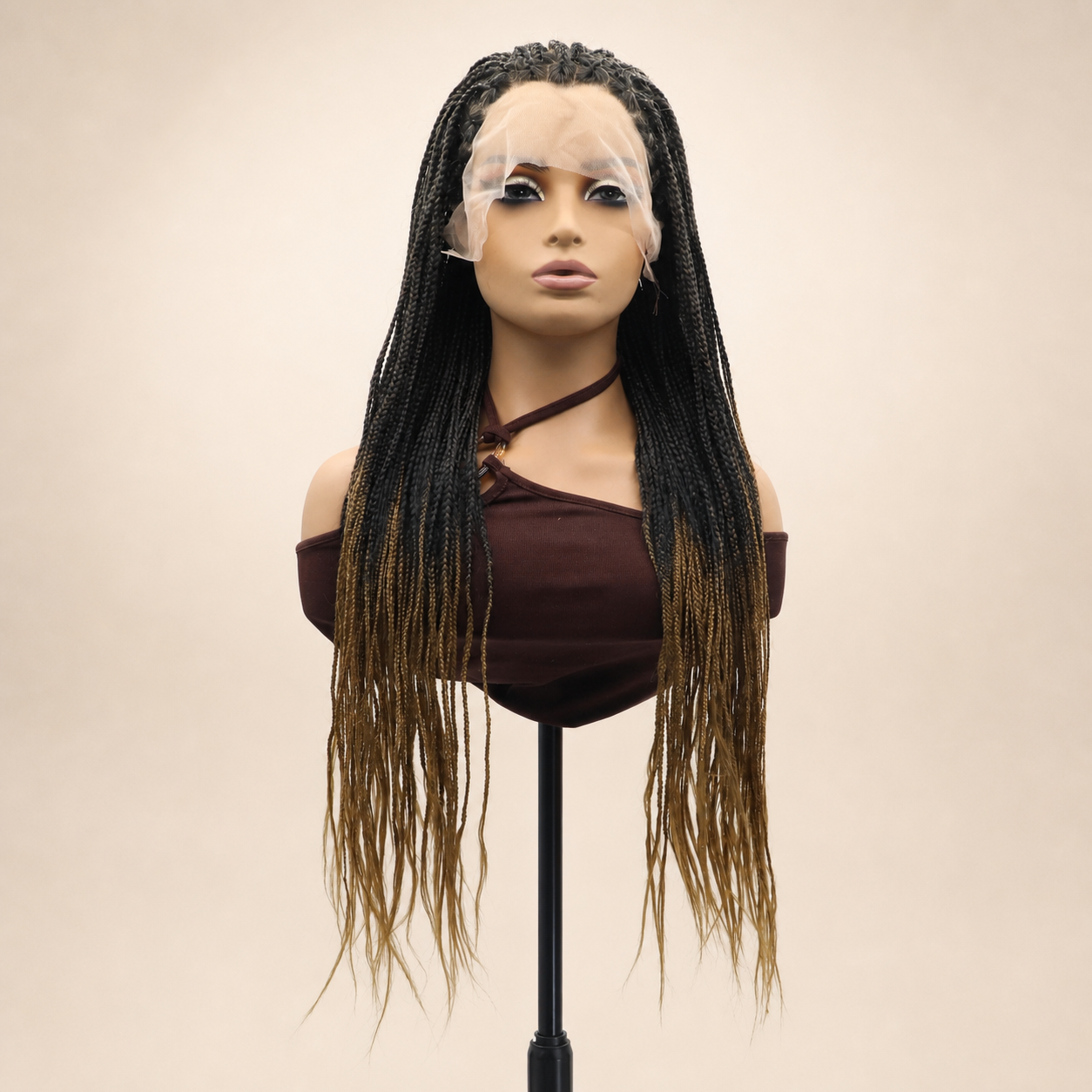 zivahair Heat-Friendly Synthetic 24 Inch Ombre Brown Box Braids 13x4 Frontal Lace Wig Glueless Natural Hairline Ready to Wear - Black Brown