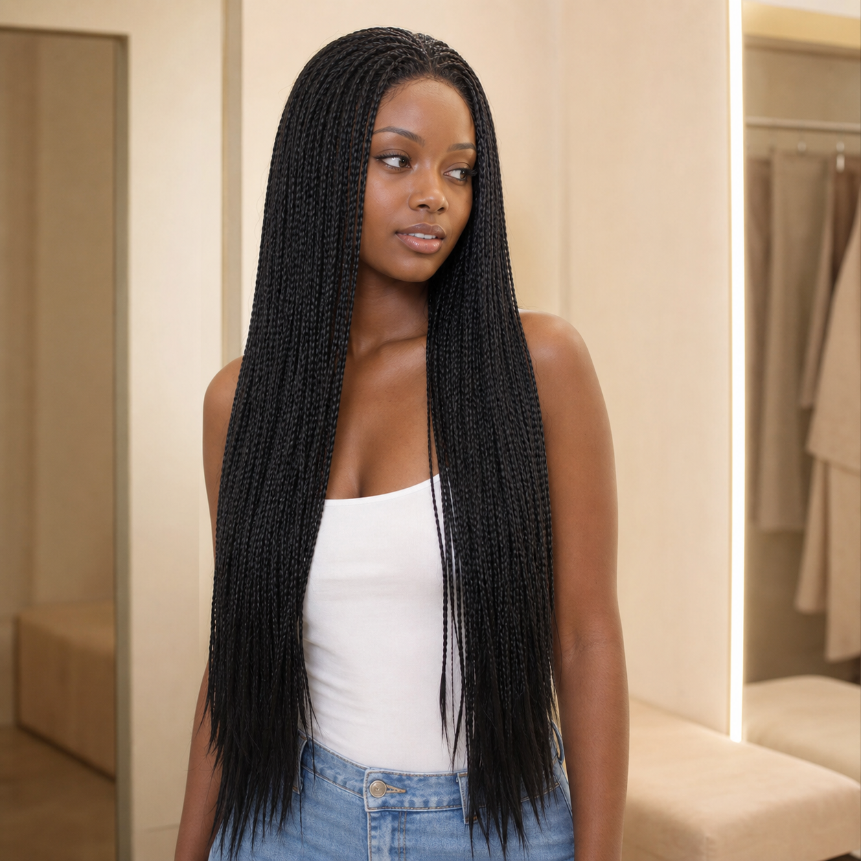 zivahair Heat-Friendly Synthetic Long Box Braids 13x4 Frontal Lace Wig Glueless Natural Hairline Ready to Wear - Natural Black