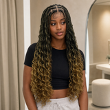zivahair Heat-Friendly Synthetic 24 Inch Full Lace Boho Box Braids Wig Glueless Natural Hairline Ready to Wear - Ombre Brown