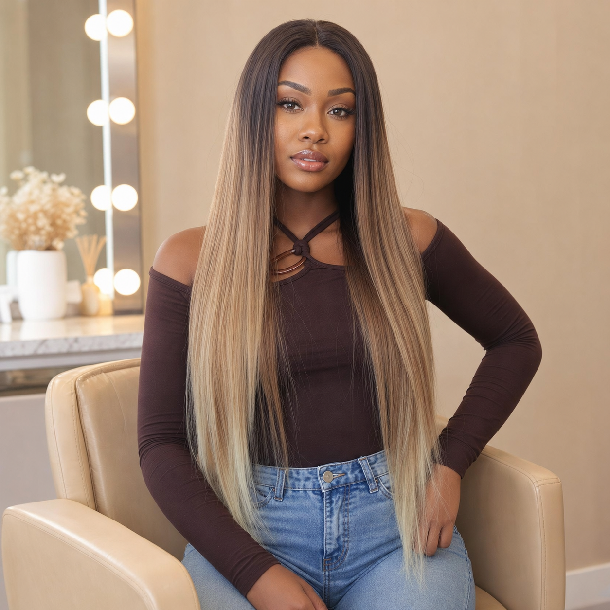 zivahair Heat-Friendly Synthetic 24 Inch Ombre Brown Blonde Straight 13x4 Frontal Lace Wig Glueless Middle Part Ready to Wear - Brown Blonde