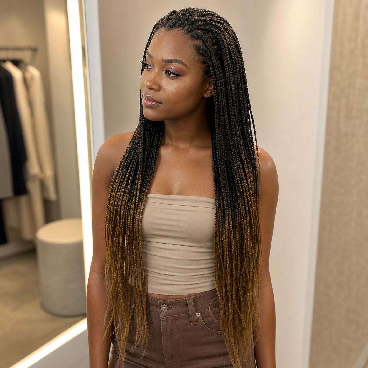 zivahair Heat-Friendly Synthetic 24 Inch Ombre Brown Box Braids 13x4 Frontal Lace Wig Glueless Natural Hairline Ready to Wear - Black Brown