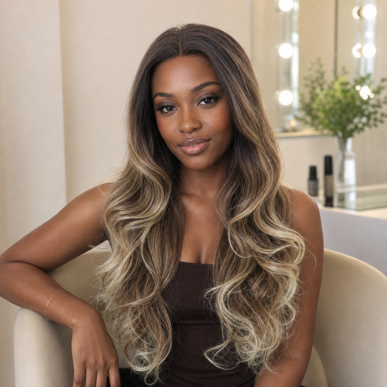 zivahair Heat-Friendly Synthetic 24 Inch Ombre Brown Blonde Body Wave 13x4 Frontal Lace Wig Glueless Middle Part Ready to Wear - Brown Blonde