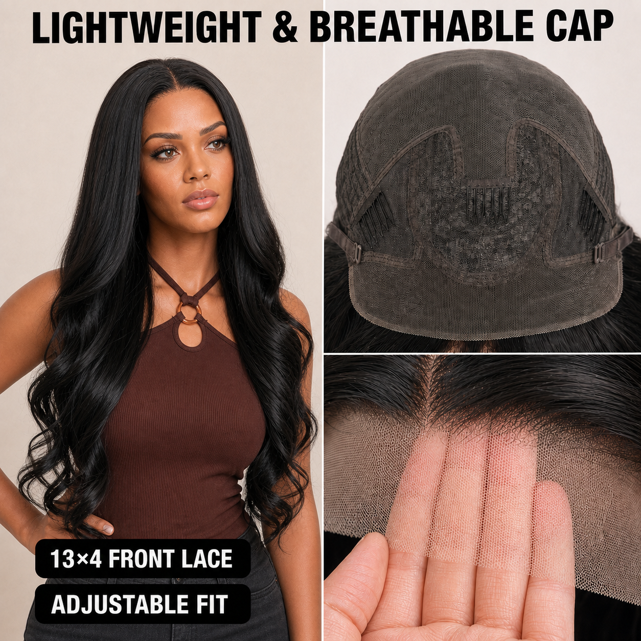 zivahair Heat-Friendly Synthetic 24 Inch Body Wave 13x4 Frontal Lace Wig Glueless Middle Part Ready to Wear - Natural Black