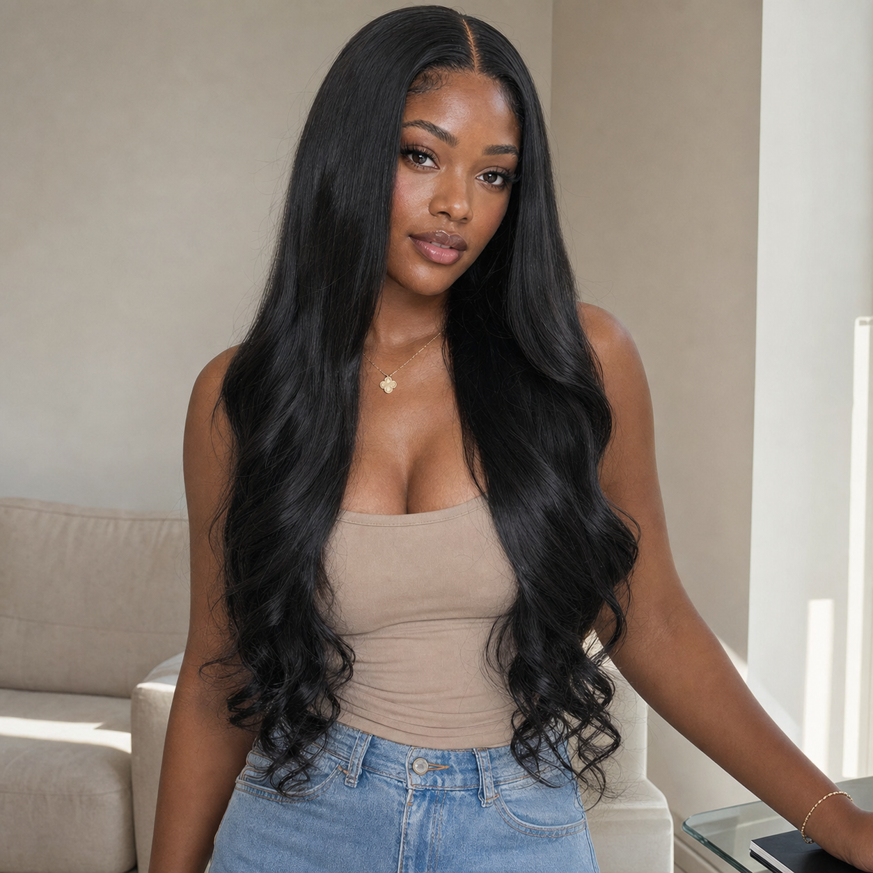 zivahair Heat-Friendly Synthetic 24 Inch Body Wave 13x4 Frontal Lace Wig Glueless Middle Part Ready to Wear - Natural Black